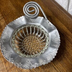 Vintage Metal Rimmed Candy Nut Dish - Ornate - Curved Metal Handle